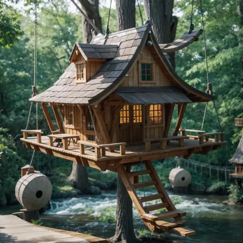 A whimsical treehouse village, interconnected with swing bridges.