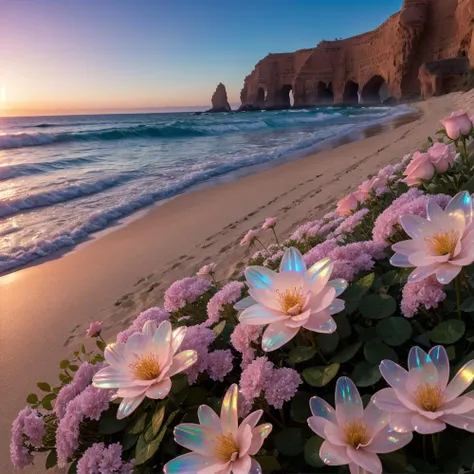 gorgeous beach, fantasy inside, roses, steam, sunrays, masterpiece, best quality, ultra high res, RAW, beautiful beach view, Mirleft, splashing rainbows, waves crashing, sand, foam, opalescent, (Photoluminescence water), bioluminescence, opal gems, agates, ((floating flowers)), clear, Cinematic RAW photo, hyper real photo, ultrarealistic, 8k uhd, dslr, soft lighting, high quality, film grain, Fujifilm XT3, photographed on a Kodak Retina II Sanyo Xacti VPC-CA6, 50mm lens, Wide Angle, HDR, hyper-realistic, colorgraded, volumetric lighting, [volumetric fog, moist], shallow depth of field, reflections, photo, (sparkling), glistening, (iridescent), glimmering, clear, shimmering, mystical, enchanting, glittering, Morocco, exotic, (masterpiece) (best quality) (detailed) (8k) (HDR) (wallpaper) (cinematic lighting) (sharp focus) (intricate), romantic,