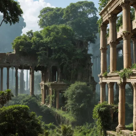 The ruins of an ancient city, overtaken by the encroaching jungle.