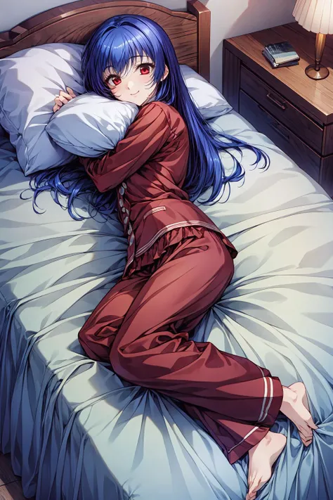 best quality, high resolution, intricate detailed, official art, beautiful artwork, game CG, 1girl, <lora:kuon_mayou_lora_ver1:0.7> kuon_mayou, red eyes, blue hair, long hair, detailed beautiful face, detailed beautiful eyes, little smile, light colored pajamas, pillow hug, indoors, (king size bed:1.3), on the bed, lying on back, pillow, covered mouth by pillow, apartment, full body, <lora:add_detail:0.8> <lora:boldline:-0.7>