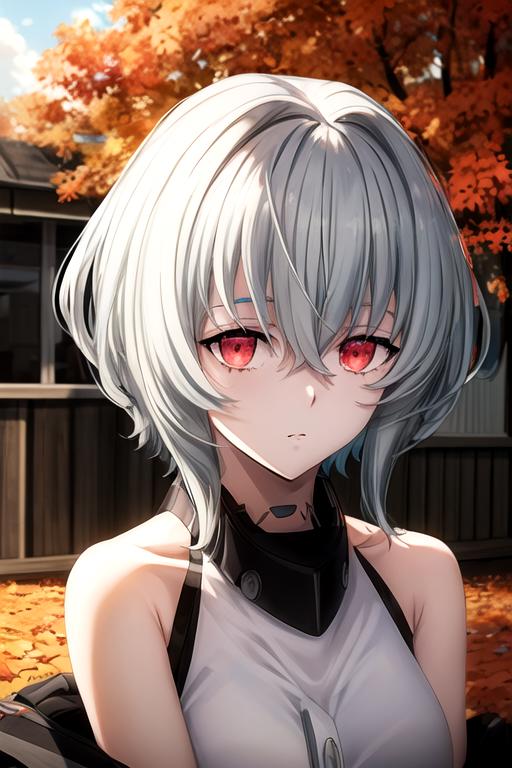 Anime girl with white hair and red eyes standing in front of a house ...