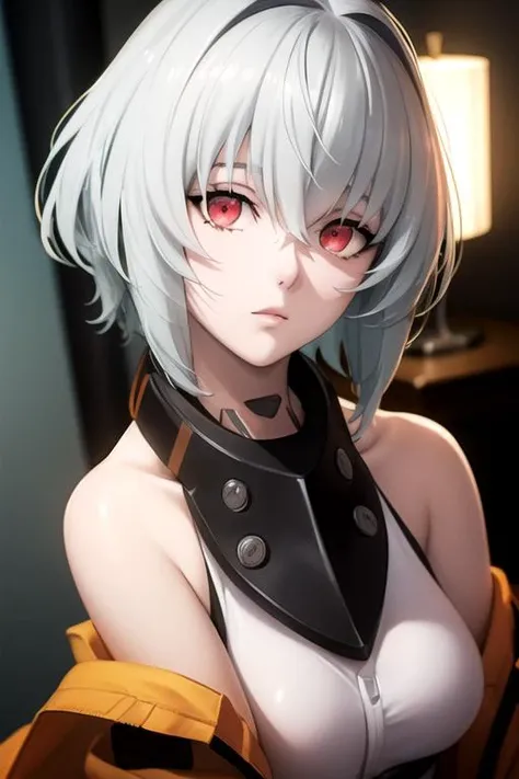 beautiful female goth, short hair, pixy cut hair style, white hair color, wearing metal collar and chains, kneeling, (on all fours), partially naked, Luxurious bed room, white fabric, seductive, smile, dynamic pose, extremely detailed face and eyes, dark eyeliner, make-up, absurdes, 4k, beautiful lighting, dynamic shadows