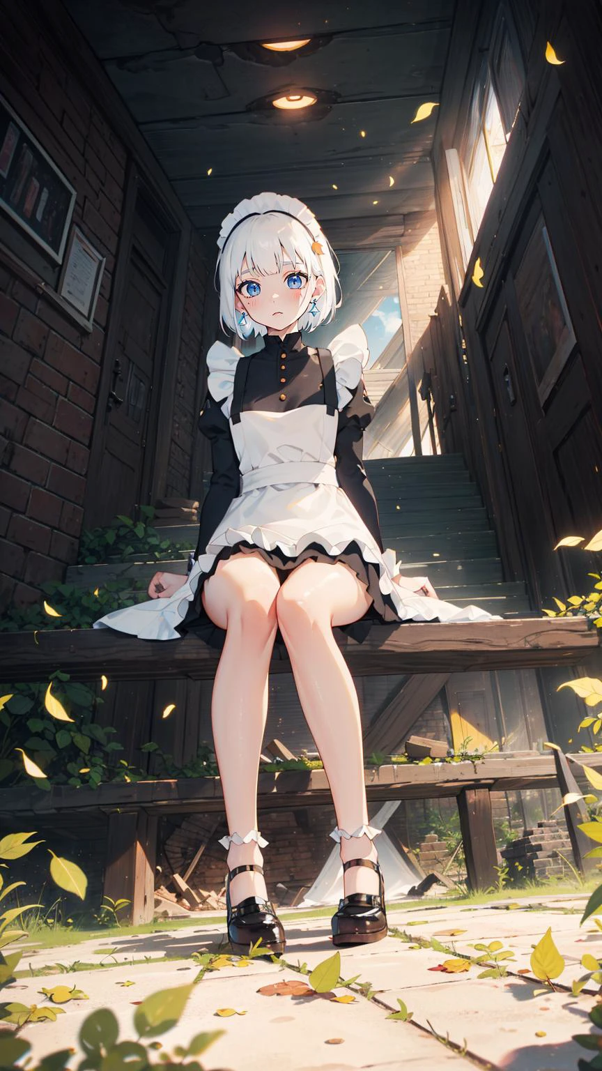 (8K,Candid shot of a stunningly girl,Amazing Details:1.4 cinematic lighting,side lightning,colorful,Natural Volumetric Lighting And Best Shadow, Deep Depth Of Field, Chromatic Aberration, Portrait Of Stunningly Beautiful Girl,8K,absurdres, highres,)(((,1girl,perspective,full body shot,from below,embarrassed,sitting on stairs ))),(full-face blush,perfect face,white hair,short hair,blunt bangs,glowing eyes:1.6,sharp eyes, blue eyes,stud earrings),((long sleeves,slim fit,maid ,wide hips:1.8,mary janes)),(Pastel colors:1.6,dappled sunlight,dreamscape,white sky,white stone,falling leaves,explosion behind,ruins,) <lora:oiled skin:0.5>, <lora:CarlesDalmau_v1-CT-R128:0.6> <lora:animeoutlineV4_16:0.3> <lora:flatBG:-1> <lora:flat2:0.6>