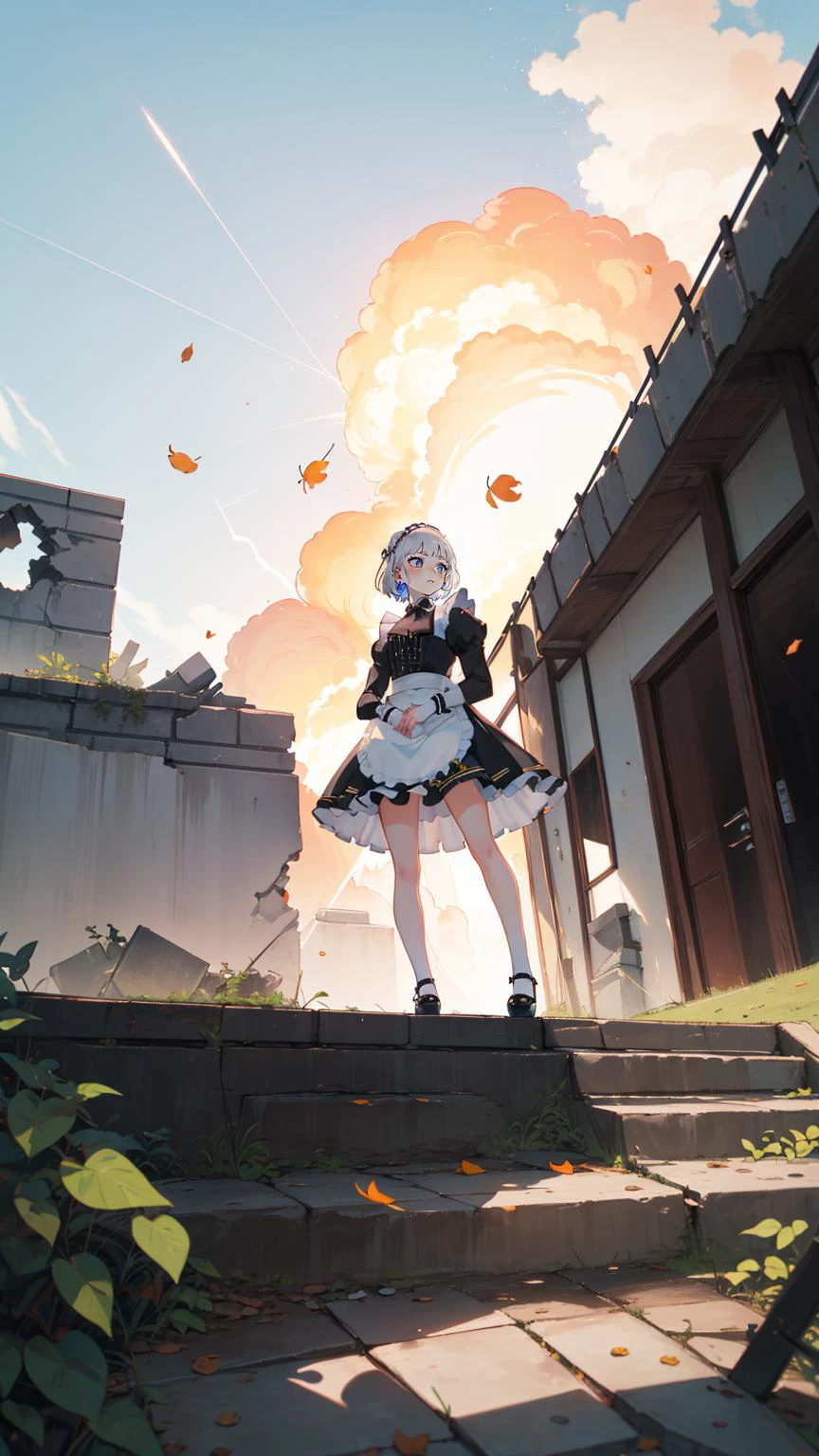 (8K,Candid shot of a stunningly girl,Amazing Details:1.4 cinematic lighting,side lightning,colorful,Natural Volumetric Lighting And Best Shadow, Deep Depth Of Field, Chromatic Aberration, Portrait Of Stunningly Beautiful Girl,8K,absurdres, highres,)(((,1girl,perspective,full body shot,from below,embarrassed,sitting on stairs ))),(full-face blush,perfect face,white hair,short hair,blunt bangs,glowing eyes:1.6,sharp eyes, blue eyes,stud earrings),((long sleeves,slim fit,maid ,wide hips:1.8,mary janes)),(Pastel colors:1.6,dappled sunlight,dreamscape,white sky,white stone,falling leaves,explosion behind,ruins,) <lora:oiled skin:0.5>, <lora:CarlesDalmau_v1-CT-R128:0.6> <lora:animeoutlineV4_16:0.3> <lora:flatBG:-0.6> <lora:flat2:0.3>
