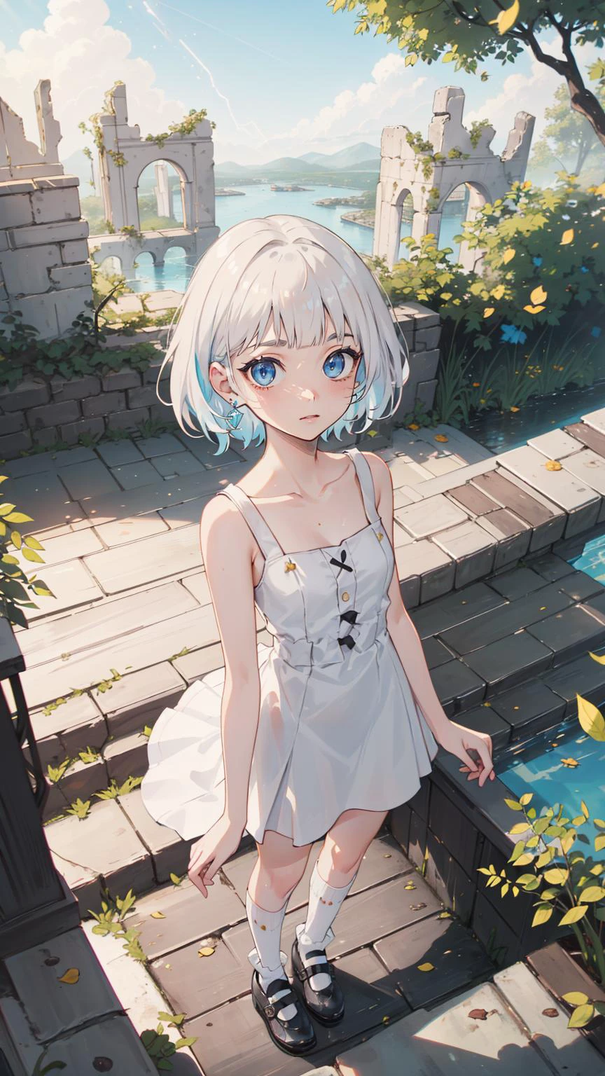 (8K,Candid shot of a stunningly girl,Amazing Details:1.4 cinematic lighting,side lightning,colorful,Natural Volumetric Lighting And Best Shadow, Deep Depth Of Field, Chromatic Aberration, Portrait Of Stunningly Beautiful Girl,8K,absurdres, highres,)(((,1girl,perspective,portrait,from above,naughty face:1.6,on stairs ))),(perfect face,white hair,short hair,blunt bangs,glowing eyes:1.6,sharp eyes, blue eyes,stud earrings),((sleeveless,slim fit, loose dress,wide hips:1.7,socks,mary janes)),(Pastel colors:1.6,dappled sunlight,dreamscape,white sky,white stone,falling leaves,ruins,) <lora:oiled skin:0.5>, <lora:CarlesDalmau_v1-CT-R128:0.6> <lora:animeoutlineV4_16:0.3> <lora:flatBG:-0.6> <lora:flat2:0.3>