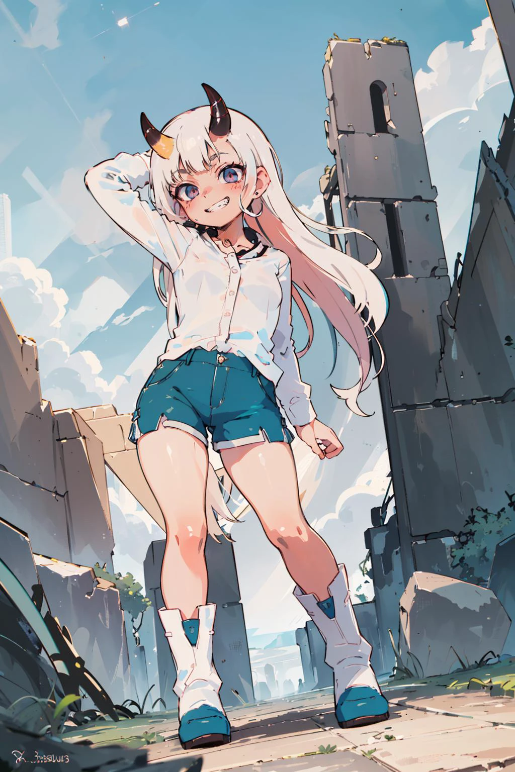 (8K,Candid shot of a stunningly girl,Amazing Details:1.4 cinematic lighting,side lightning,colorful,Natural Volumetric Lighting And Best Shadow, Deep Depth Of Field, Chromatic Aberration, Portrait Of Stunningly Beautiful Girl,8K,absurdres, highres,)(((,1girl,pose,perspective,evil grin,full body shot,))),(blush,oni horns:0.4,perfect face,white hair,very long hair,two-tone hair,glowing eyes:1.6,sharp eyes, black eyes,stud earrings),((petite breasts,long sleeves,slim fit shirt,pastel blue shirt,red shorts,cargo shorts,wide hips:1.8,thighs:1.3,chuby boots,intricate clothes)),(dappled sunlight,dreamscape,white sky,white stone,ruins,truck), <lora:oiled skin:0.8>, <lora:CarlesDalmau_v1-CT-R128:0.6> <lora:animeoutlineV4_16:0.2> <lora:flat2:1>