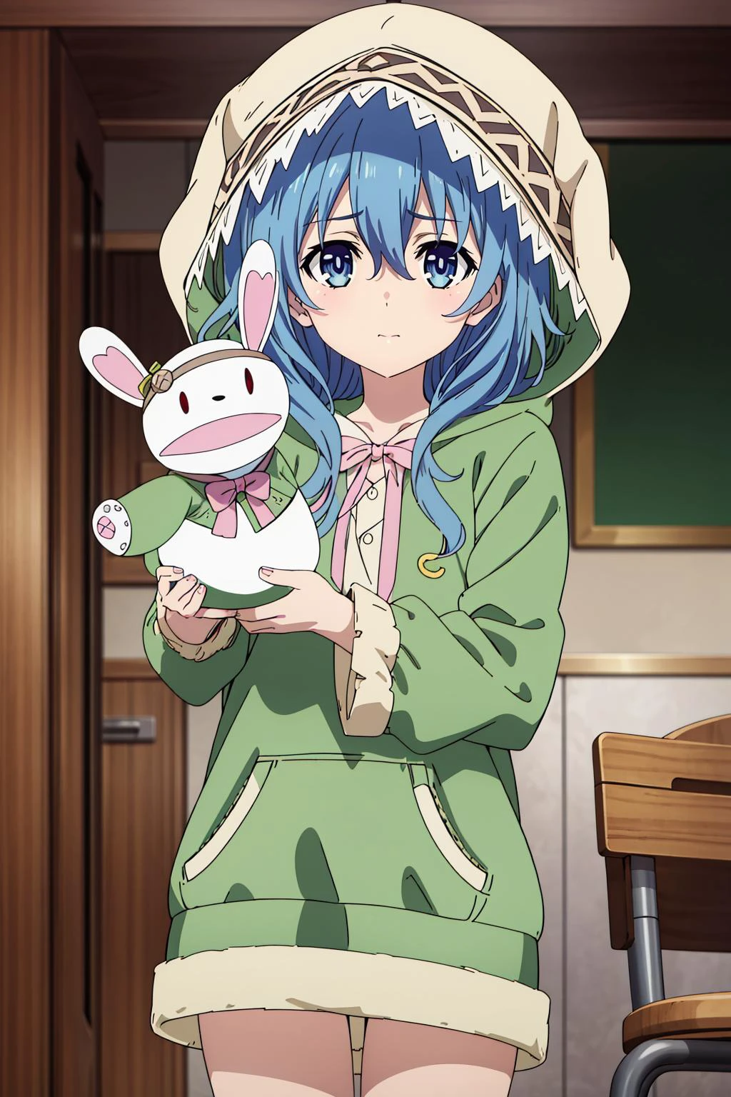 1girl, solo, best quality, masterpiece, <lora:yoshino-dal:0.8>, yoshino himekawa, looking at viewer, anime coloring, puppet, hand puppet, stuffed toy, hood, <lora:animeoutlineV4_16:0.7:0.7:lbw=Style>, thick outline,
