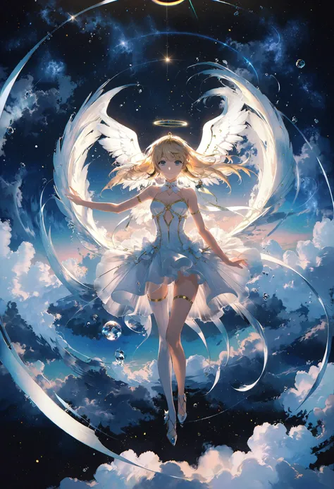 by rella, by foomidori, by lam, by makoto shinkai, by Ilya Kuvshinov,
A young female fashion model, angel, angel wing, mechanical wing, halo,
wedding dress,
[dynamic pose:0.7], Dutch angle, golden ratio,
break
clear blue sky, cloud, cloudy sky, space, star, planet, nebula, aurora, milky way, floral, water,
beautiful, aesthetic, detailed, beautiful color, 
amazing quality, best quality, high quality, ultra high res, absurdres, golden_ratio_xl, <lora:golden_ratio:0.8>, <lora:Rella:0.5>, <lora:xl_more_art-full_v1:1>,