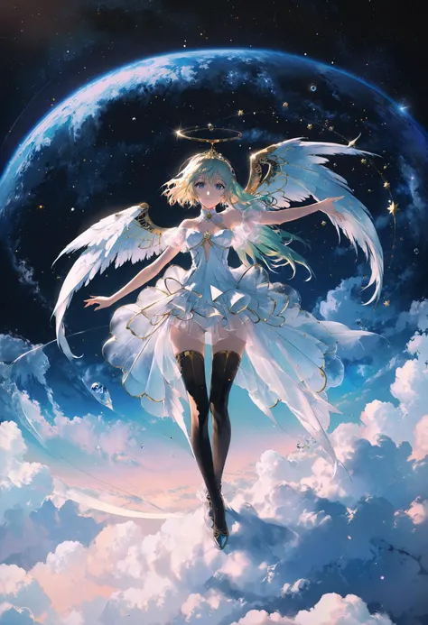 by rella, by foomidori, by lam, by makoto shinkai, by Ilya Kuvshinov,
A young female fashion model, detailed face, detailed eyes, detailed hair, angel, angel wing, mechanical wing, 
wedding dress,
(dynamic pose:1.2), (dutch angle:1.5), golden ratio,
mysterious, like a goddess,
break
clear blue sky, cloud, cloudy sky, space, star, planet, nebula, aurora, milky way, floral, space ship, deep space, perfect world, 
beautiful, aesthetic, detailed, beautiful color, 
amazing quality, best quality, high quality, ultra high res, absurdres, golden_ratio_xl, 