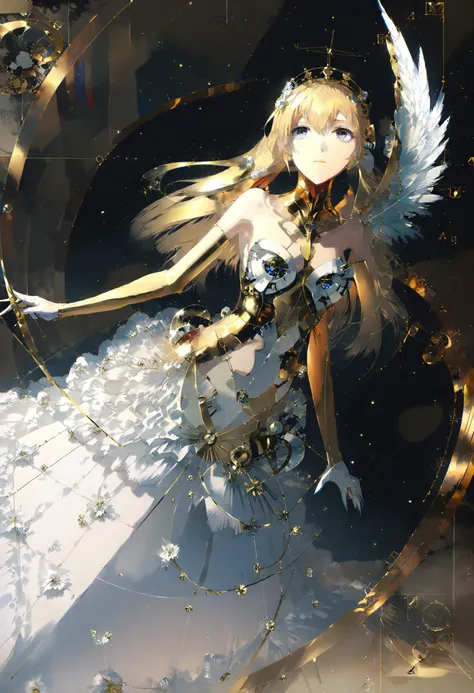 by rella, by foomidori, by lam, by makoto shinkai, by Ilya Kuvshinov,
A young female fashion model, detailed face, detailed eyes, detailed long hair, angel, angel wing, mechanical wing, 
(dynamic pose:1.2), (dutch angle:1.5), golden ratio, golden proportion, perfect anatomy,
wedding dress, mysterious, like a goddess,
clear blue sky, cloud, cloudy sky, space, star, planet, nebula, aurora, milky way, floral, feather, space ship, deep space, perfect world, 
beautiful, aesthetic, detailed, beautiful color, 
amazing quality, best quality, high quality, ultra high res, absurdres, golden_ratio_xl, <lora:golden_ratio:0.9>, <lora:Rella:0.6>, <lora:xl_more_art-full_v1:1>,