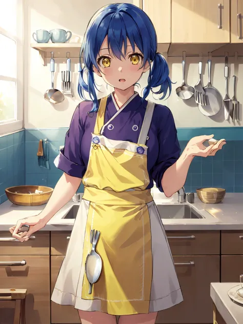 <lora:MegumiTadokoro:0.6>,high res, masterpiece,Megumi Tadokoro, blue hair, solo,chef outfit, kitchen, 1girl,outside,deatailed background,white outfit, detailed eyes, ((yellow eyes))