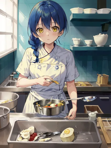 <lora:MegumiTadokoro:0.8>,high res, masterpiece,Megumi Tadokoro, blue hair, solo,chef,chef outfit, kitchen, 1girl,outside,deatailed background,white outfit, detailed eyes, ((yellow eyes))