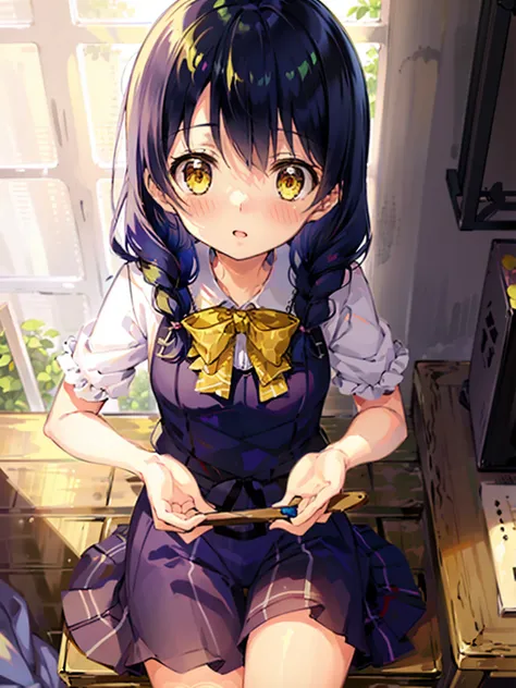 <lora:MegumiTadokoro:1>,high res, masterpiece,Megumi Tadokoro, blue hair, solo, 1girl,outside,deatailed background, detailed eyes, ((yellow eyes))