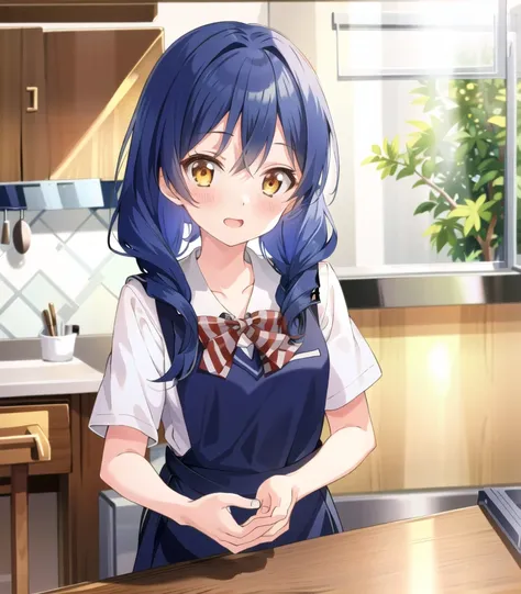 masterpiece, best quality, 1girl, <lora:megumiTadokoroFoodWars_v10:0.8>, Megumi, blue hair, school uniforms, in the kitchen