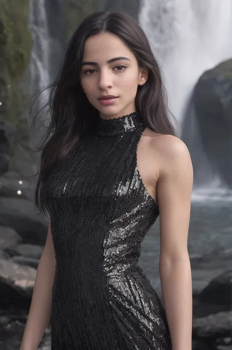 tv_Buket_Komur_A_V2, model pose, joyful expression, ((wearing a sequin cocktail dress )),full body shot, Dawn, at a waterfall, (((relaxed))), "epic-Ultra-HD-details", "epic-Ultra-HD-highlights", PA7_Human-Likeness