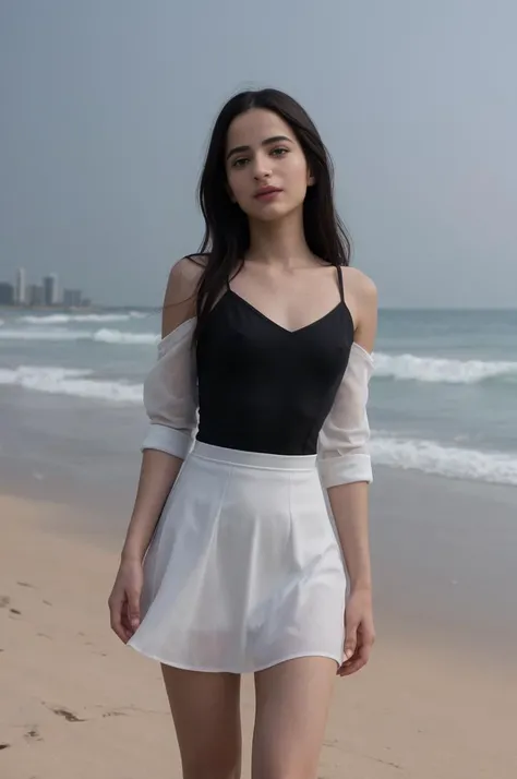 tv_Buket_Komur_A_V2, model pose, sad expression,  ((wearing a dress shirt and skirt )),full body shot,  Twilight, on a tropical beach,  (((relaxed))), "epic-Ultra-HD-details", "epic-Ultra-HD-highlights",       PA7_Human-Likeness