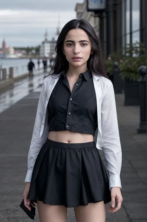 tv_Buket_Komur_A_V2, model pose, frightened expression, ((wearing a dress shirt and skirt )),full body shot, Twilight, at a Danish beach, (((relaxed))), "epic-Ultra-HD-details", "epic-Ultra-HD-highlights", PA7_Human-Likeness