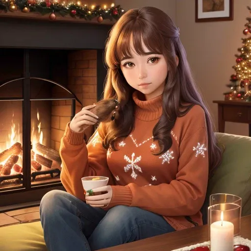 <lora:mayahiga_sd15_512_128_64_v1:1> mayahiga, 1girl adult long brown weavy hair, wearing a christmas sweater, christmas decoration in background, lit fireplace in background