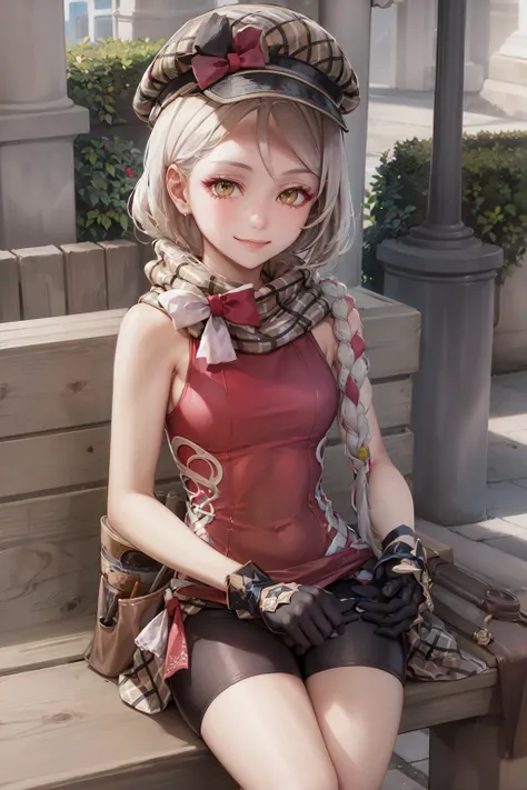 (masterpiece, best quality:1.2), <lora:fireemblem_framme-10:1>, solo, 1girl, framme, smile, looking at viewer, sitting, hat, sleeveless dress, bike shorts, gloves