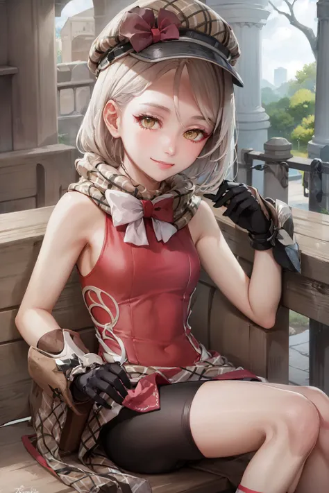(masterpiece, best quality:1.2), <lora:fireemblem_framme-10:1>, solo, 1girl, framme, smile, looking at viewer, sitting, hat, sleeveless dress, bike shorts, gloves