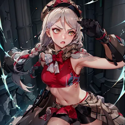 (masterpiece, best_quality, ultra_detailed:1.2) <lora:fireemblem_framme-10:.9>, 1girl, framme, hat, sleeveless, pelvic_curtain, bike_shorts, gloves, fighting, angry, mad, intense, serious, stance, stomach