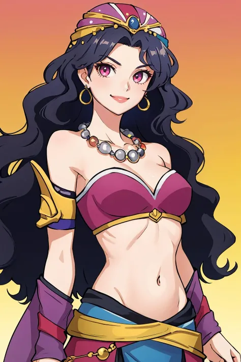 masterpiece, best quality, 1girl, solo, <lora:leila-ff-richy-v1:1> leila, wavy hair, midriff, navel, single shoulder pad, necklace, earrings, jewelry, smile