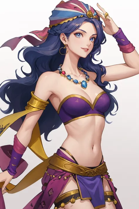 masterpiece, best quality, 1girl, solo, <lora:leila-ff-richy-v1:1> leila, wavy hair, midriff, navel, single shoulder pad, necklace, earrings, jewelry, smile