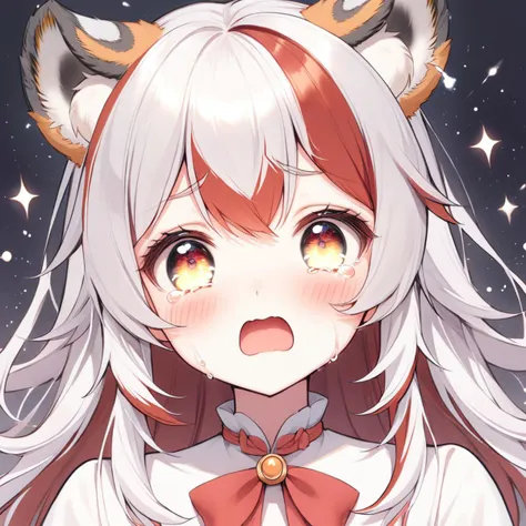 1girl,open mouth,solo,tears,crying,blush,crying with eyes open,<lyco:jbxl16:0.7>,tiger ears,(White hair,red hair,multicolored hair),