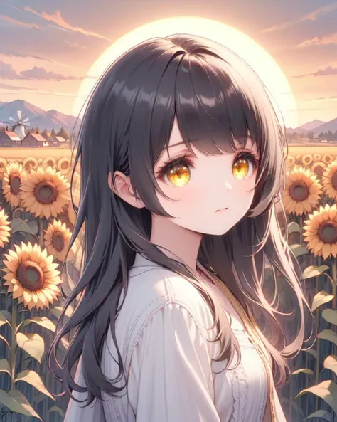 solo,absurdres,bioluminescence light,(((sad))),(((1girl, detailed lighting, rendered, beatiful eyes, perfect hair, detailed face and body ))),permed hair,swept bangs,
As the sun sets,the wheat fields are tinged with shades of orange and pink,creating a stunning visual spectacle. The ears of wheat,bathed in the golden light of dusk,seem almost incandescent. Tractors and agricultural machinery dot the landscape,bearing witness to the activity of the harvest. Gentle hills in the background add depth to the painting,while windmills slowly spin,adding a touch of rustic charm. Rows of sunflowers line some fields,their large yellow flowers following the sun's last glimpse before dark.,
<lyco:feiyang01:0.8>,yellow eyes,black hair,