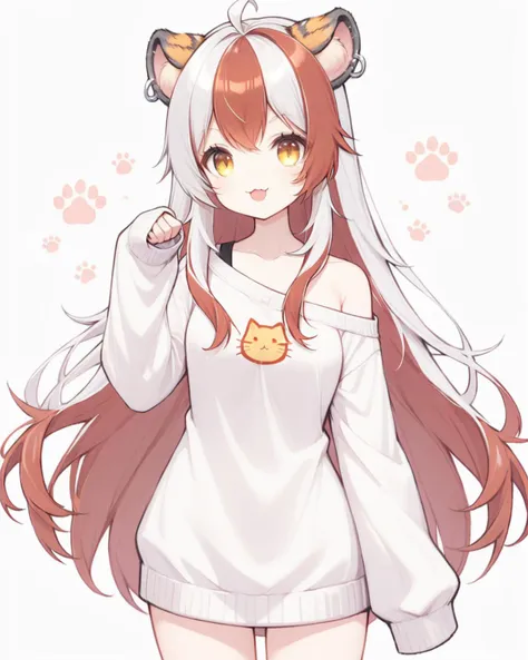 1girl,solo,long hair,collarbone,off shoulder sweater,(sleeves past wrists:1.4),long sleeves,paw pose,cat mouth,smile,(cute:1.2),cowboy shot,white background,simple background,<lyco:jbxl10:0.7>,tiger ears,(White hair with some red hair),