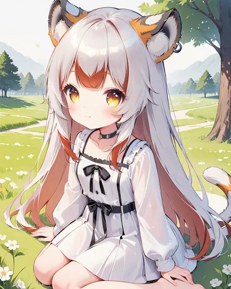 score_9,score_8_up,score_7_up,1girl,small breasts,animal ears,white dress,long hair,upper body,blush,straight hair,full body,outdoors,(half-closed eyes:0.8),closed mouth,barefoot,light smile,field,1 tree,sitting,solo,from above,looking at viewer,
<lyco:jbxl16:0.7>,tiger ears,(White hair,red hair,multicolored hair),
