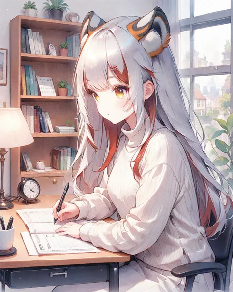 hair ornament,hairclip,long hair,casual clothes,grey sweater,turtleneck sweater,turtleneck,ribbed sweater,((side profile)),bedroom,sitting at desk,office chair,writing on piece of paper with pen,focused expression,looking down at desk,detailed background,window,curtains,neat bedroom,plant,leaning over desk,desk lamp,wall calendar,bookcase,
<lyco:jbxl16:0.8>,tiger ears,(White hair,red hair,multicolored hair),