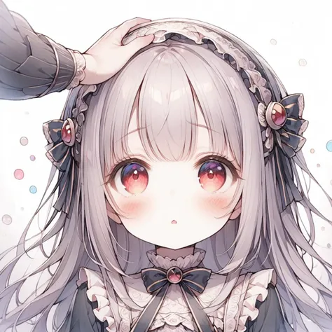 1girl,headpat,solo,long hair,dress,white background,hairband,simple background,frills,bangs,looking at viewer,blush,black dress,black ribbon,upper body,looking up,blush,open mouth,high quality,late,<lyco:lelexl02:0.8>,red eyes,grey hair,