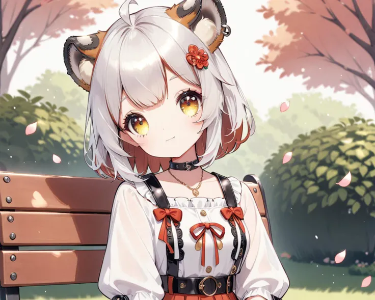 cute 1girl,light smile,sitting on bench in garden,fashionable,trendy outfit,hair ornament,(dappled sunlight:1.2),blurry,(depth of field:1.1),head tilt,(fluttering petals),tree,
<lyco:jbxl16:0.8>,tiger ears,(White hair with some red hair),