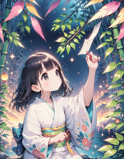 (masterpiece, best quality, high quality, highres, ultra-detailed), (Many colorful tanzaku:1.1), (Green Bamboo Leaves:1.3), black hair, black eyes
****ung woman, kimono-clad, gentle smile, writing wish on tanzaku (short poem paper), bamboo branch adorned with colorful streamers, starry night sky, serene atmosphere, Studio Ghibli style, soft pastel colors, delicate brushstrokes, sense of hope and dreams, perfect for a greeting card or a children's book illustration, high-resolution artwork, intricate details.
<lora:neg4all_bdsqlsz_xl_V91:1> <lora:å¥½åç±³-æ··åæ§å¶:1> <lora:sdxl_detail_B:0.3>