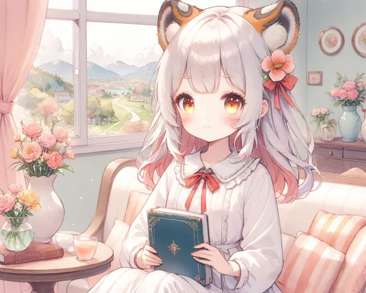 pastel style,watercolor,1girl,hair ribbon,eyebrows visible through hair,blush,closed mouth,light smile,neck ribbon,white skirt,frilled_collar,crease,flat chest,legs,holding book,book,sitting,looking at viewer,indoor,living room,windows,glass windows,curtain,table,vase,flower,yuri,sunlight,tree,landscape,flower sea,sky,cloud,close up,
<lyco:jbxl16:0.8>,tiger ears,(White hair with some red hair),