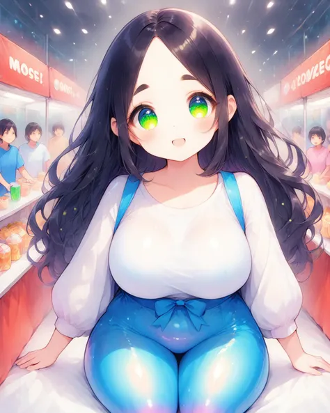 score_9, score_8_up, score_7_up, score_6_up, source_anime, ah1, 1girl, (curly hair:1.3), long hair, (black hair), mature female, (parted hair), (round face), (no_bangs:1.8), (no_fringe:1.8), looking at viewer, (thick eyebrows), (curvy, plump), round-chin, (dark olive green eyes), caucasian, down-turned eyes, <lora:ETO_OCPonyXL:0.5> eto_oc, skindentation, thick thighs, wide hips, short girl, busty, voluptuous, (forehead:1.3), (a man proposing to the love of his life), (cyan cornflower blue ceramic-coated legs braces with geometric patterns, iridescent ceramic finish, lightweight design), (in Arena, Concession Stands, bustling area with food and drink vendors, merchandise booths selling wrestling gear, long lines of fans), (smile, gentle, friendly), (Long Loose Curls),