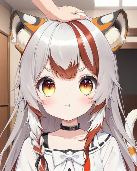 score_7_up,score_6_up,tail,cat_ears,cat_tail,animal_ears,headpat,1girl,braid,solo_focus,pov headpat,anime_source,2.5D,pout,angry,
<lyco:jbxl16:0.7>,tiger ears,(White hair,red hair,multicolored hair),