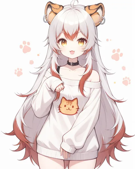 1girl,solo,long hair,collarbone,off shoulder sweater,(sleeves past wrists:1.4),long sleeves,paw pose,cat mouth,smile,(cute:1.2),cowboy shot,white background,simple background,<lyco:jbxl10:0.7>,tiger ears,(White hair with some red hair),