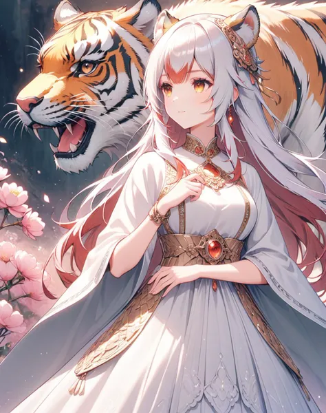 A serene scene where a woman,adorned in a traditional green and white dress,stands gracefully beside a majestic tiger. The woman wears an ornate headpiece and holds a delicate object in her hand. The dragon,with its intricate scales and fierce yet calm expression,wraps around her,creating a protective and harmonious bond between them. The backdrop is dark,with subtle lighting highlighting the dragon and the woman,and there are floating pink flowers adding to the ethereal atmosphere.,
<lyco:jbxl16:0.7>,tiger ears,(White hair,red hair,multicolored hair),