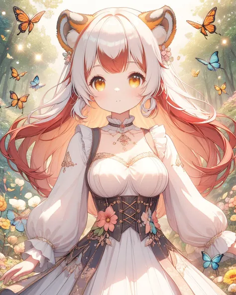 anime,8k,Beautiful lady,dancing in forest. Warm colors. Perky_bosom. Lensflare. Sunshine. Flowers,bees and butterflies flying.<lyco:jbxl16:0.7>,tiger ears,(White hair,red hair,multicolored hair),