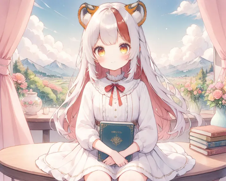 pastel style,watercolor,1girl,hair ribbon,eyebrows visible through hair,blush,closed mouth,light smile,neck ribbon,white skirt,frilled_collar,crease,flat chest,legs,holding book,book,sitting,looking at viewer,indoor,living room,windows,glass windows,curtain,table,vase,flower,yuri,sunlight,tree,landscape,flower sea,sky,cloud,close up,
<lyco:jbxl16:0.8>,tiger ears,(White hair with some red hair),