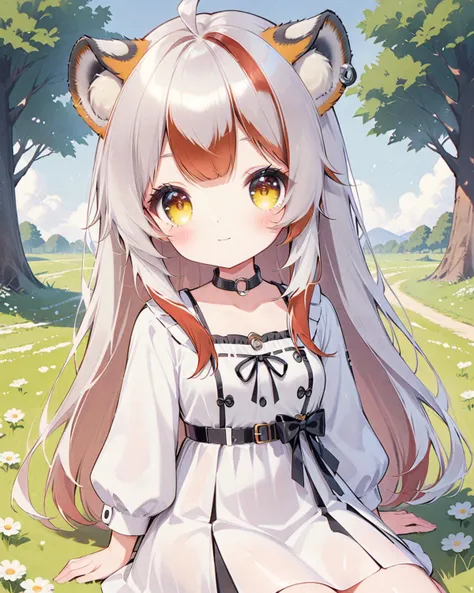 score_9,score_8_up,score_7_up,1girl,small breasts,animal ears,white dress,long hair,upper body,blush,straight hair,full body,outdoors,(half-closed eyes:0.8),closed mouth,barefoot,light smile,field,1 tree,sitting,solo,from above,looking at viewer,
<lyco:jbxl16:0.7>,tiger ears,(White hair,red hair,multicolored hair),