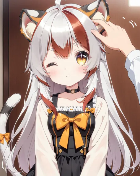 score_7_up,score_6_up,tail,cat_ears,cat_tail,animal_ears,headpat,1girl,braid,solo_focus,pov headpat,anime_source,one eyes closed,light frown,2.5D,
<lyco:jbxl16:0.7>,tiger ears,(White hair,red hair,multicolored hair),