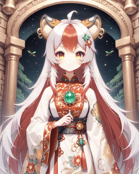 Intricate embroidery on a silk dragon robe,with pearls and jade ornaments.,
Inside an ancient temple,
Girl: Long,flowing hair with dragonfly-shaped hairpins,holding a dragon-shaped jade pendant.,<lyco:jbxl10:0.8>,tiger ears,(White hair with some red hair),
