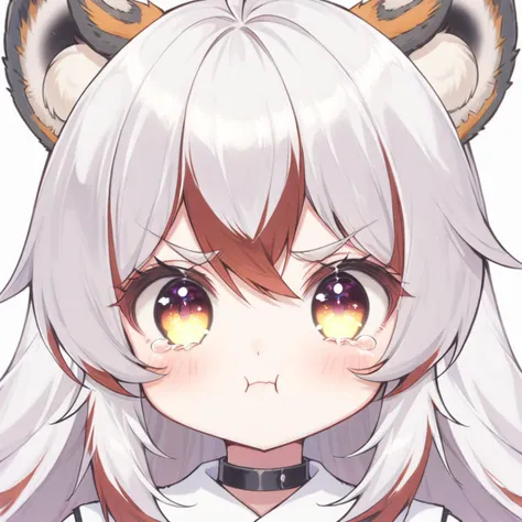 source_anime,1girl,solo,headband,looking at the viewer,puffy cheeks,pout,angry,tears in eyes,cowboy shot,
<lyco:jbxl16:0.7>,tiger ears,(White hair,red hair,multicolored hair),