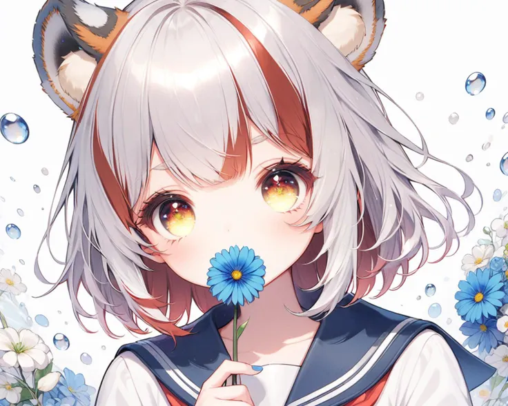 dynamic pose,depth of field,close-up,sharp focus,1girl,solo,flower,short hair,white background,school uniform,holding,upper body,serafuku,sailor collar,looking at viewer,blue flower,blue nails,simple background,bouquet,long sleeves,bangs,holding flower,shirt,blue sailor collar,holding bouquet,white flower,white shirt,covered mouth,blue theme,water drop,
<lyco:jbxl16:0.8>,tiger ears,(White hair,red hair,multicolored hair),yellow eyes,