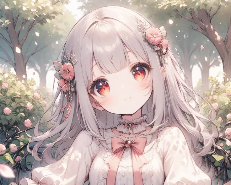 cute 1girl,light smile,sitting on bench in garden,fashionable,trendy outfit,hair ornament,(dappled sunlight:1.2),blurry,(depth of field:1.1),head tilt,(fluttering petals),tree,
<lyco:lelexl02:0.8>,red eyes,grey hair