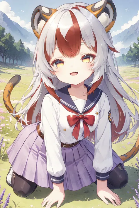 rating_safe,source_anime,detailed eyes,outdoors,grass,crouching,school uniform,lavender skirt,belt leggings,open mouth,fang,small breasts,smug,half closed eyes,smile,(looking away),
<lyco:jbxl16:0.8>,tiger ears,(White hair,red hair,multicolored hair),