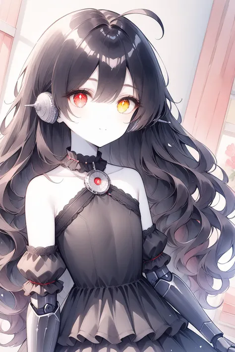 <lora:ArbiterTheDevil-PDXL_V2:1>arbiter the devil,black hair, very long hair, wavy hair, flat chest, colored skin, white skin,black dress, mechanical arms, collar, ear covers, frilled dress, sandals, pencil style,watercolor,upper body,leftside,bedroom,silver ear phone,detailed eyes,ahoge,(above angle:1.3),pencil style,watercolor,leftside composition